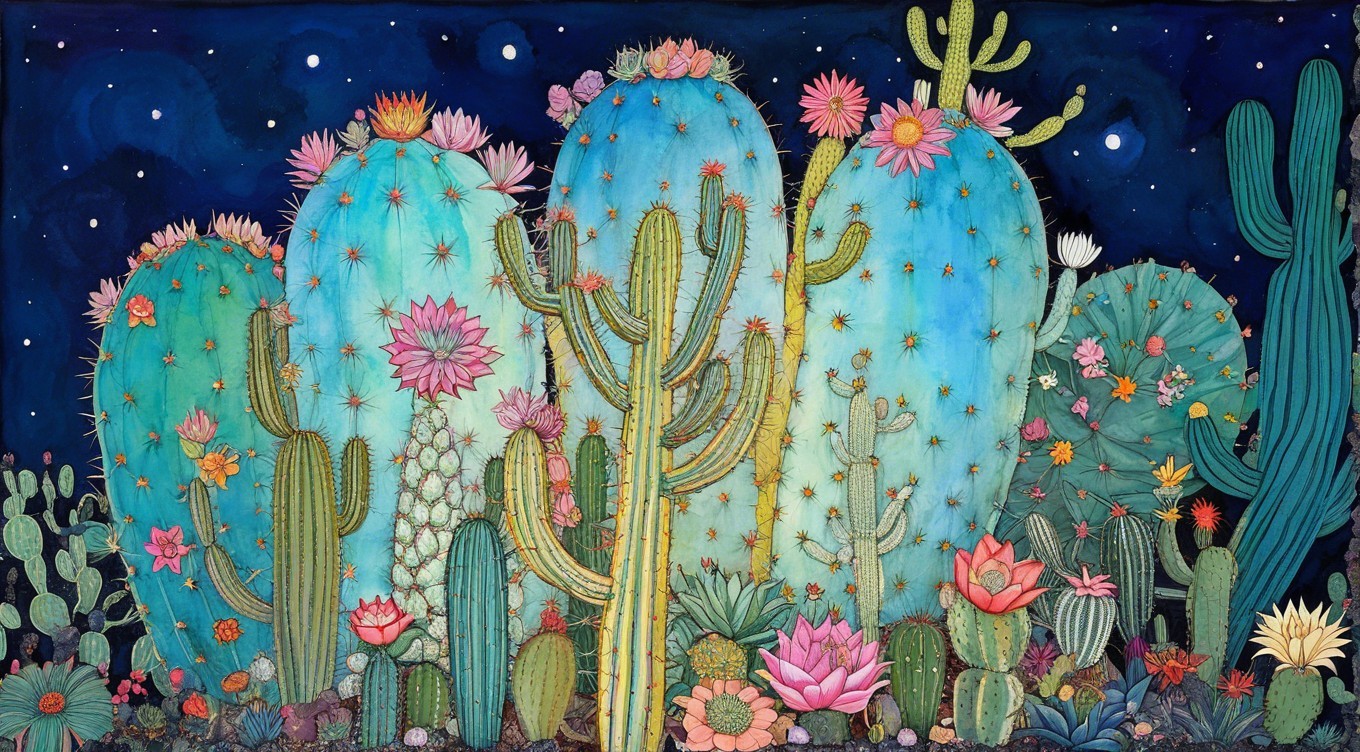 Colorful Cacti and Succulents Under Night Sky