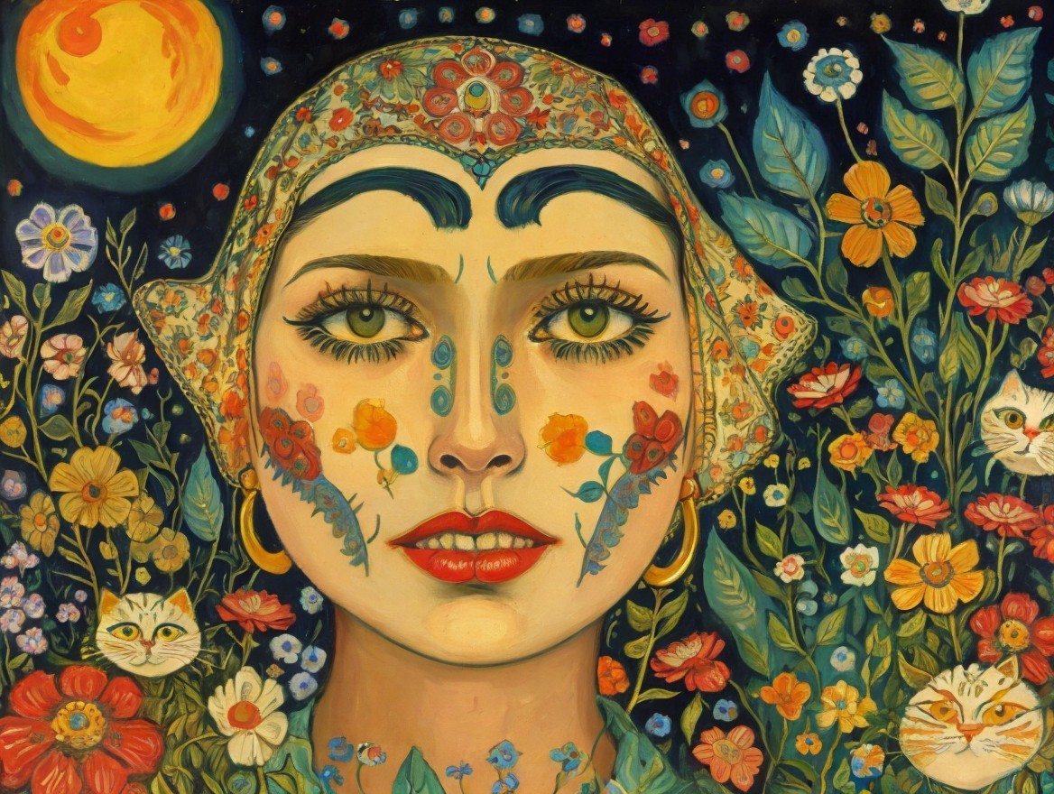 Portrait of a woman with floral patterns and cats