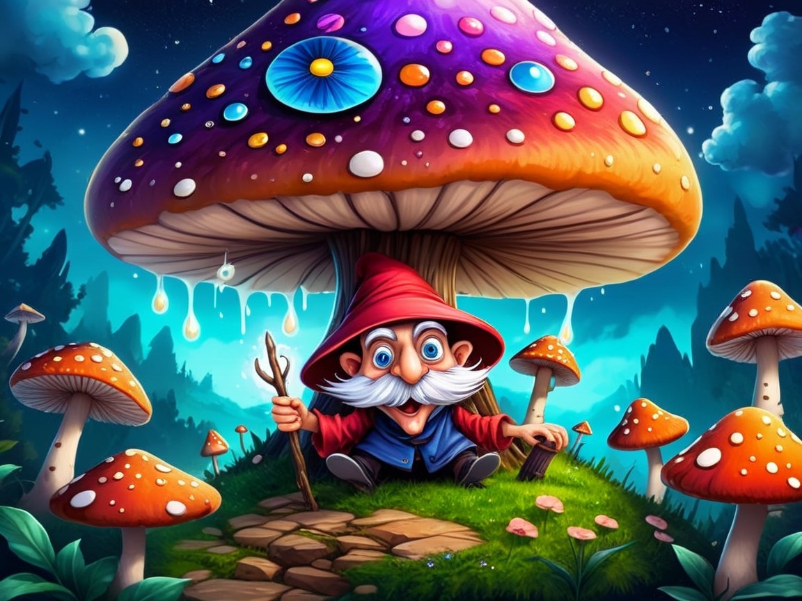 Cheerful gnome under colorful mushroom in a night scene