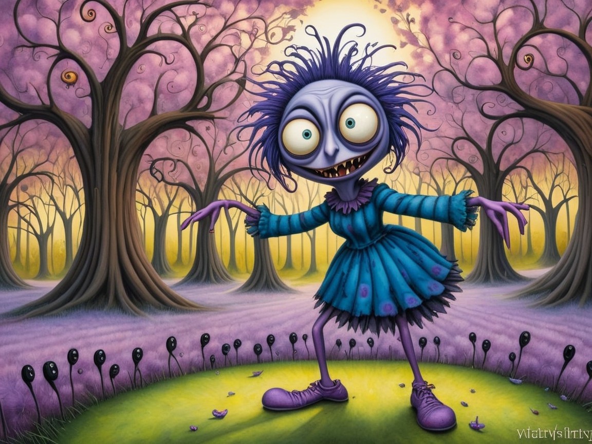 Whimsical Character in Surreal Purple Forest Scene