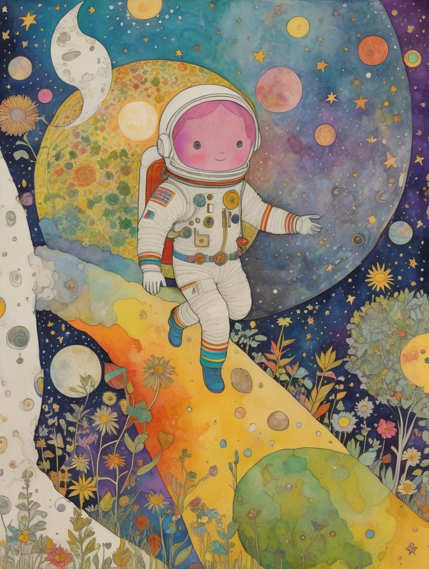 Whimsical Astronaut in a Cosmic Landscape Illustration