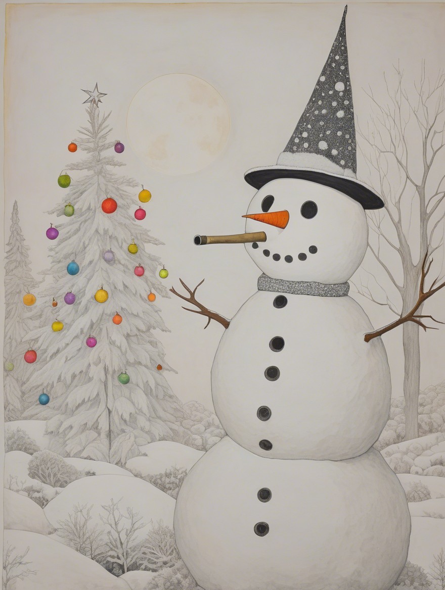 Cheerful Snowman in a Wintry Landscape with Christmas Tree