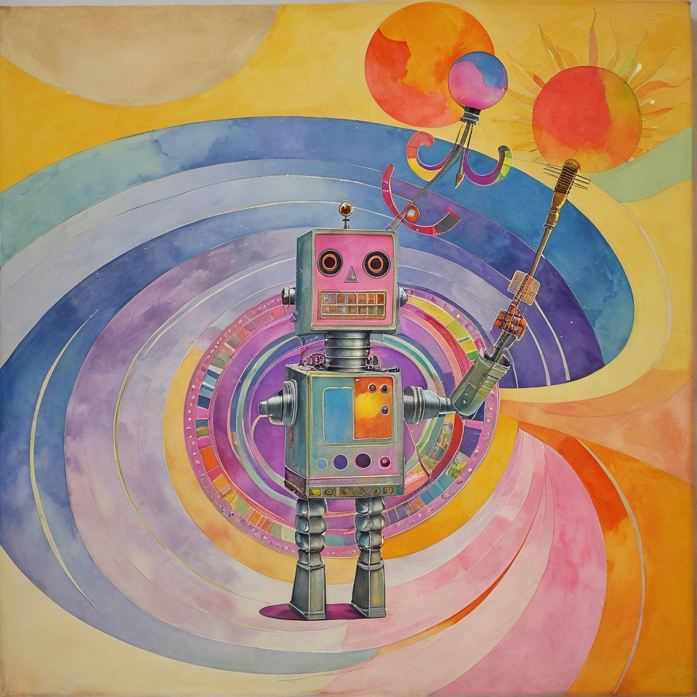Colorful Robot in Vibrant, Whimsical Background