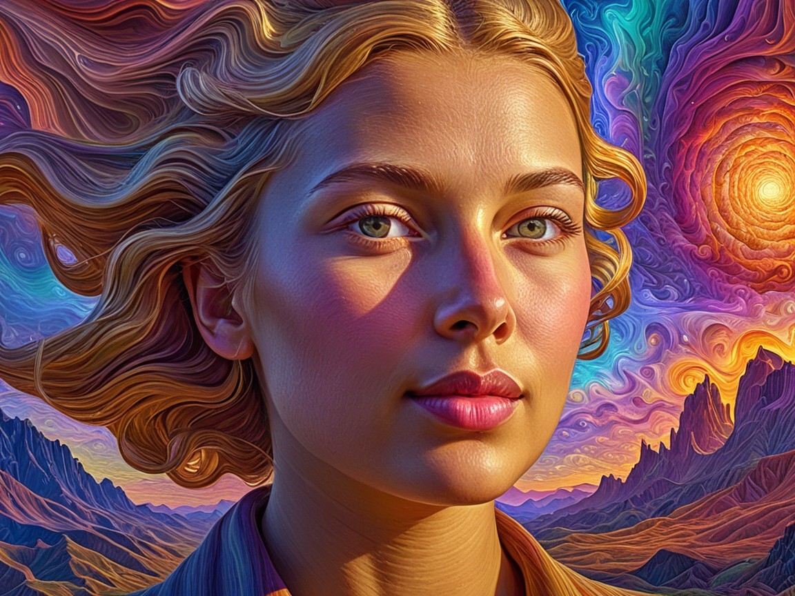 Young woman with blonde hair in surreal landscape