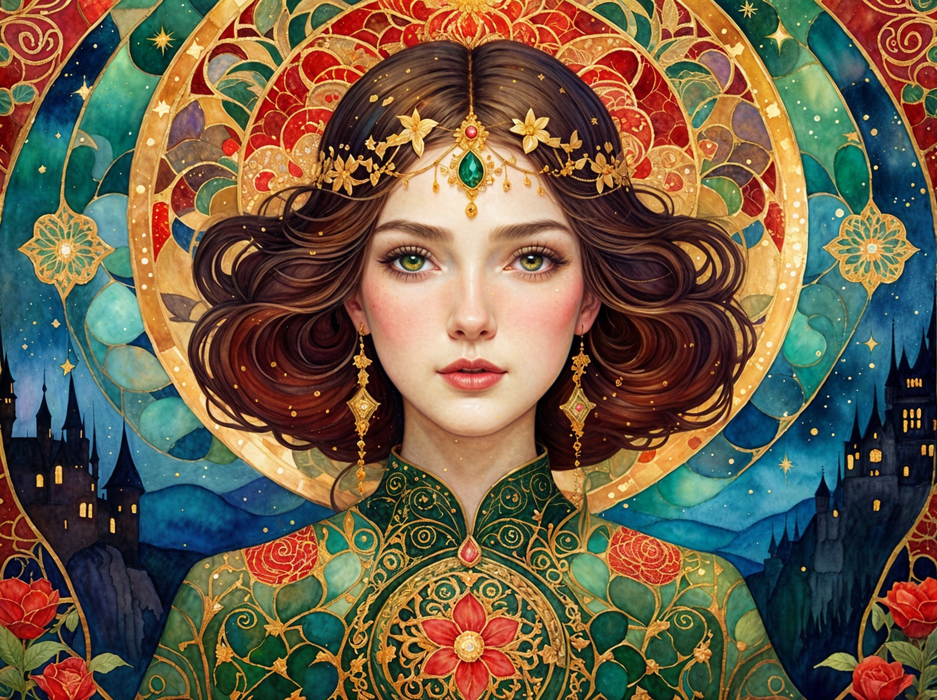Young woman with crown and vibrant, mystical backdrop