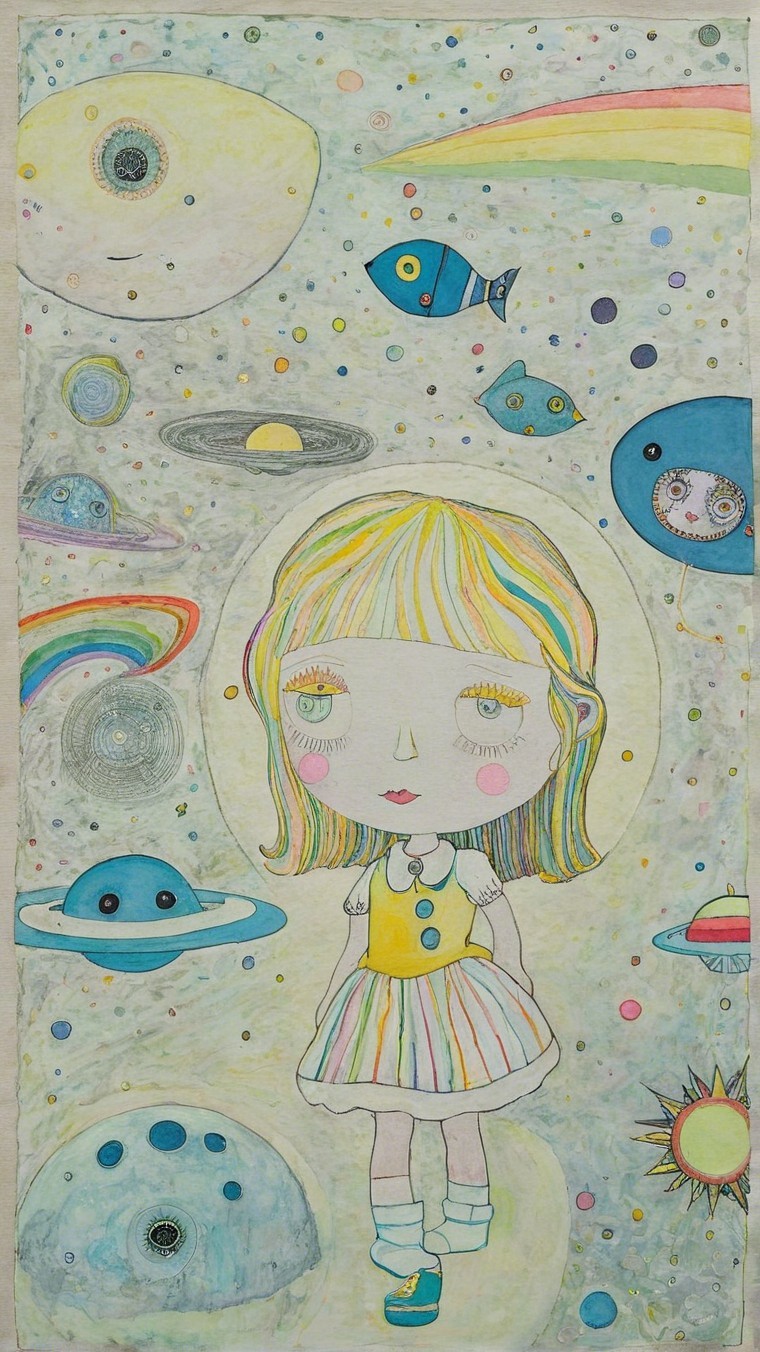 Whimsical Illustration of Girl in Cosmic Setting