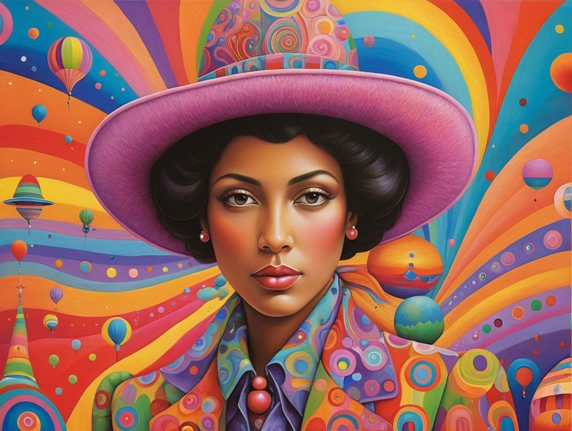 Vibrant Psychedelic Artwork of a Woman in Pink Hat