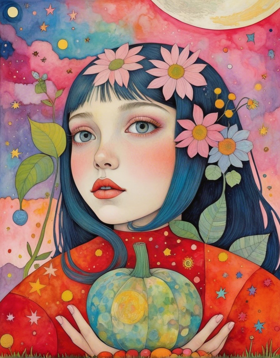 Whimsical Illustration of a Girl with Blue Hair and Pumpkin