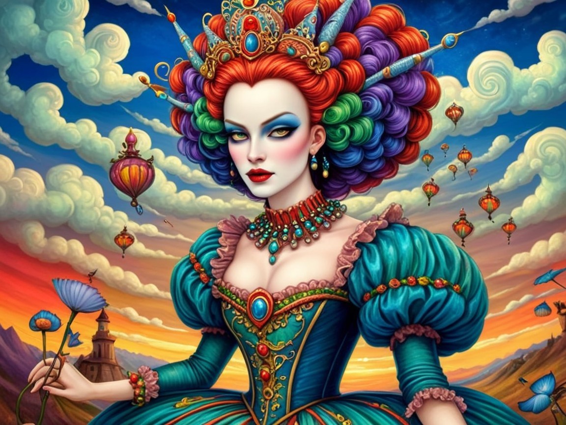 Regal figure in teal gown with vibrant hairstyle and crown