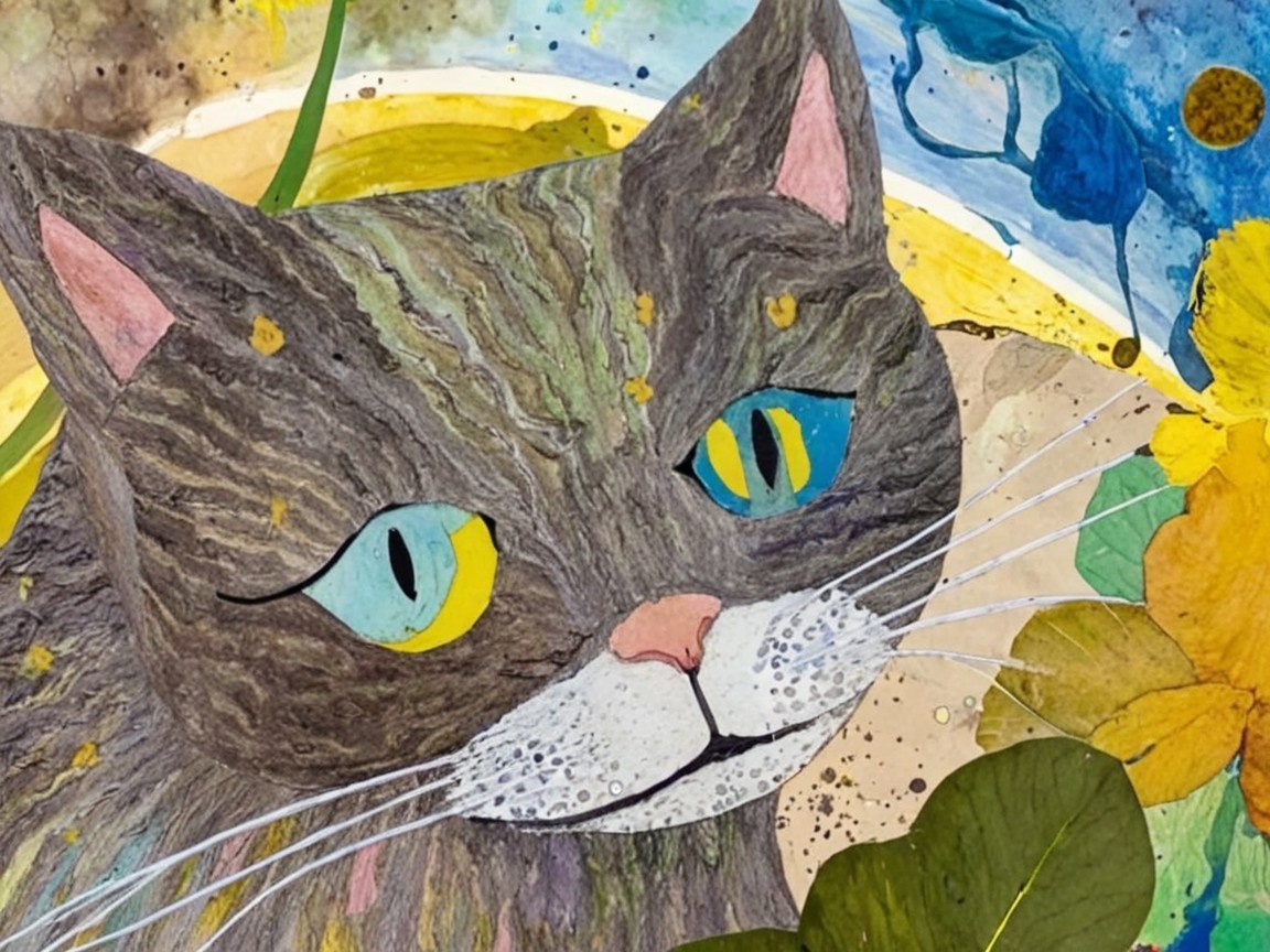 Illustration of a striped cat with vibrant floral backdrop