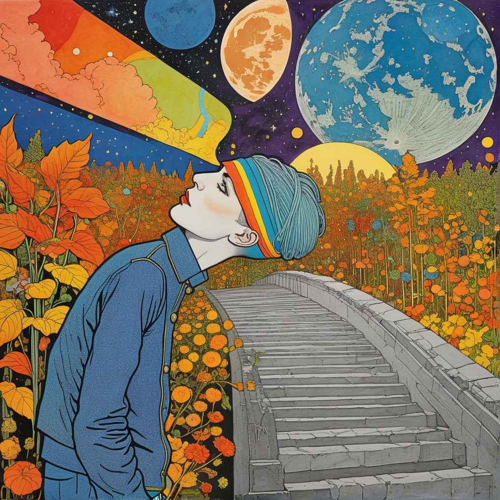 Surreal Scene of Colorful Figure in Autumn Foliage