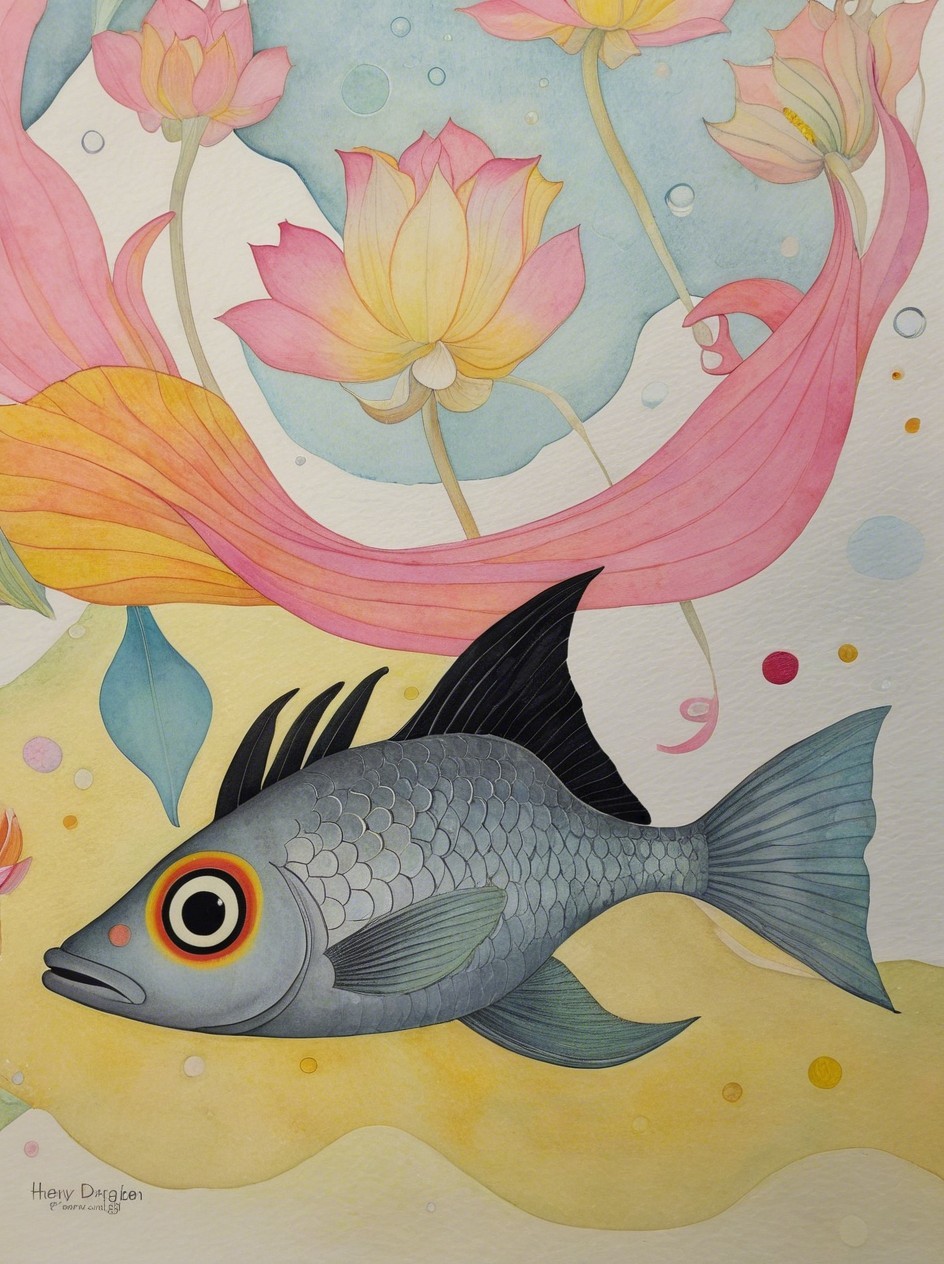 Whimsical Watercolor of Fish in Lotus Flower Scene