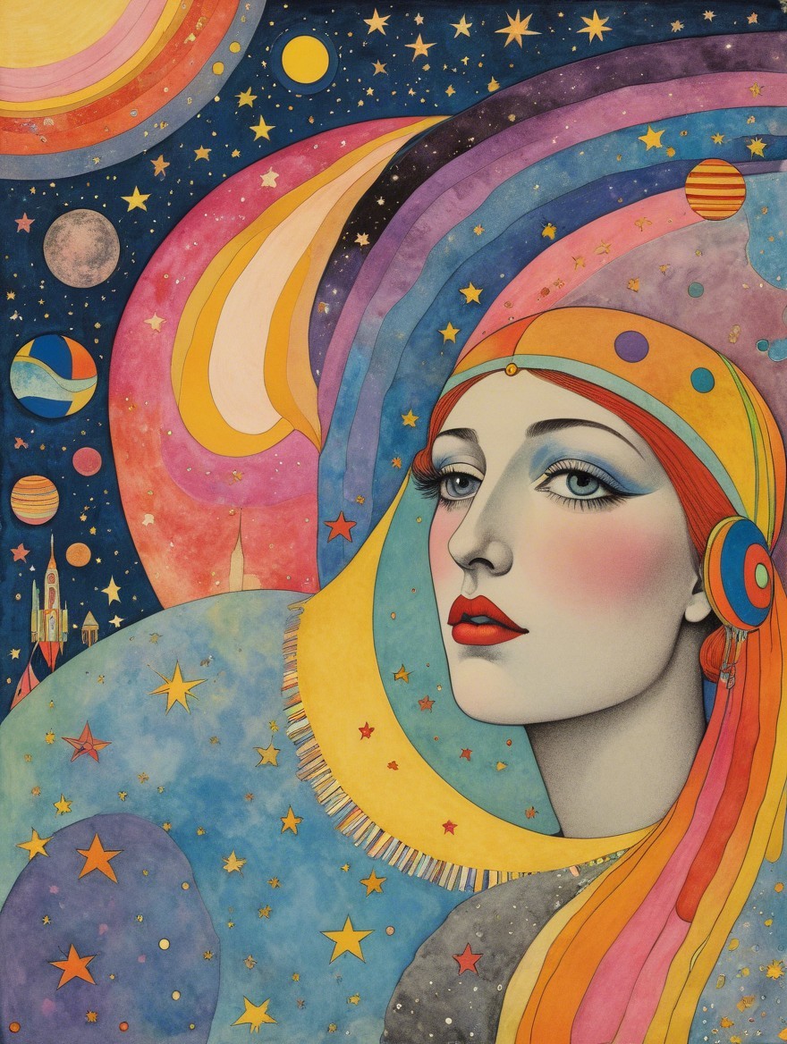 Celestial Woman in Colorful Cosmic Universe Scene