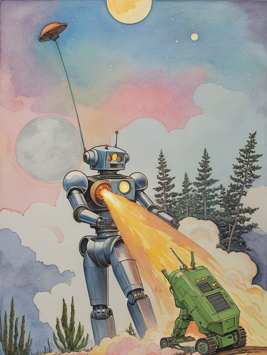 Whimsical Scene of a Towering Silver Robot in Flight