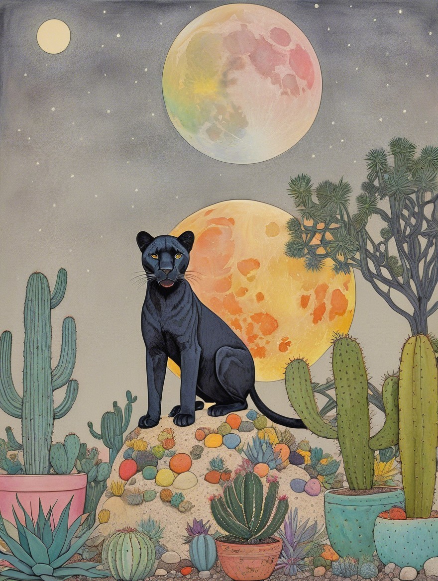 Black Panther on Colorful Stones in Desert Landscape