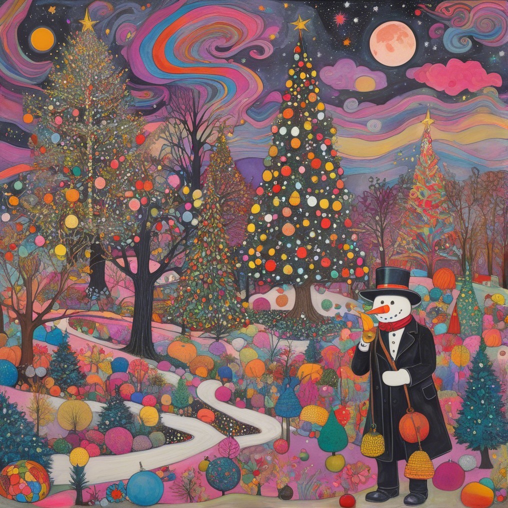 Whimsical Winter Scene with Colorful Christmas Trees