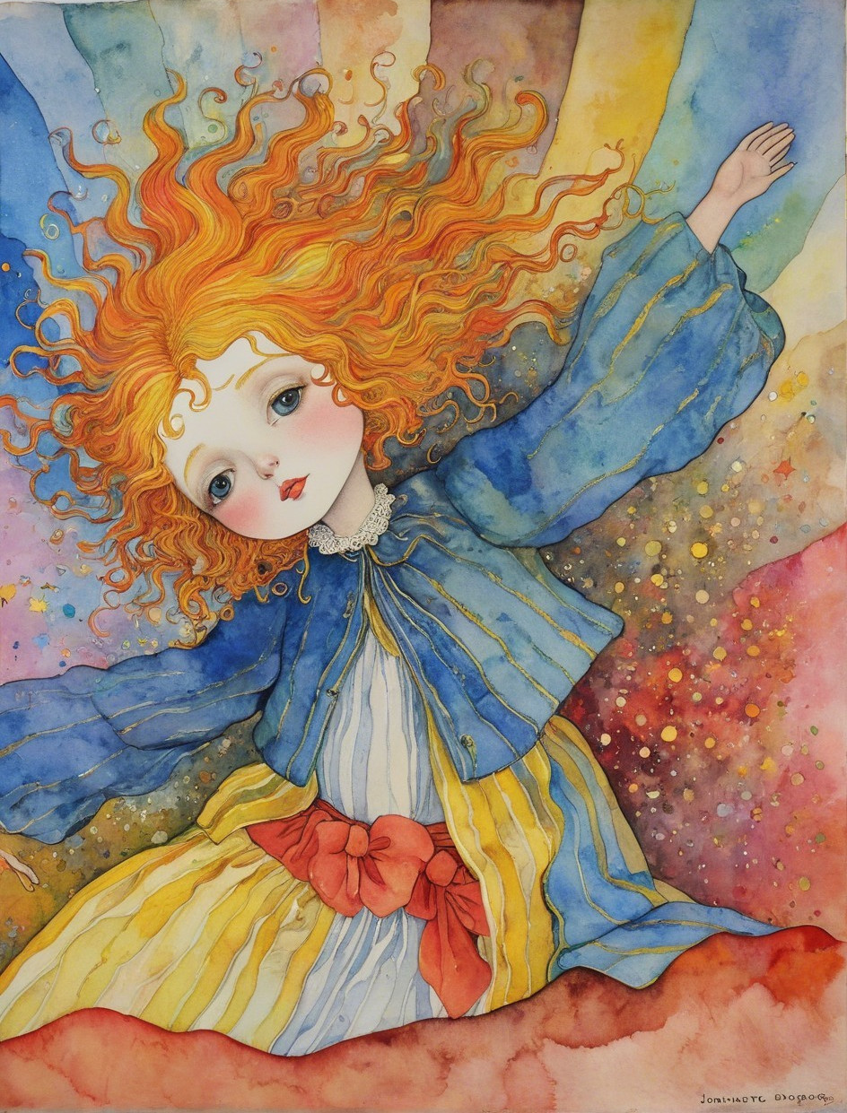 Whimsical Girl with Orange Hair in Watercolor Painting