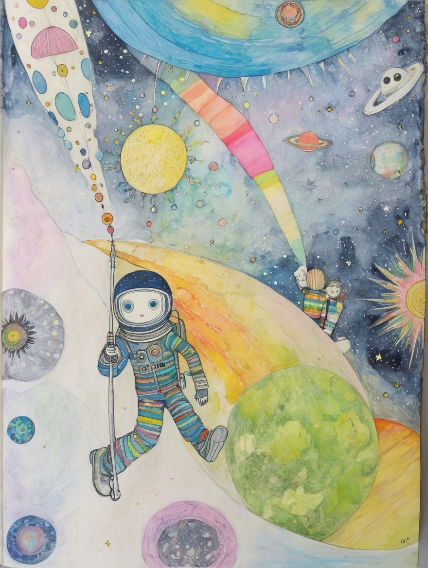 Colorful Astronauts in a Whimsical Space Scene