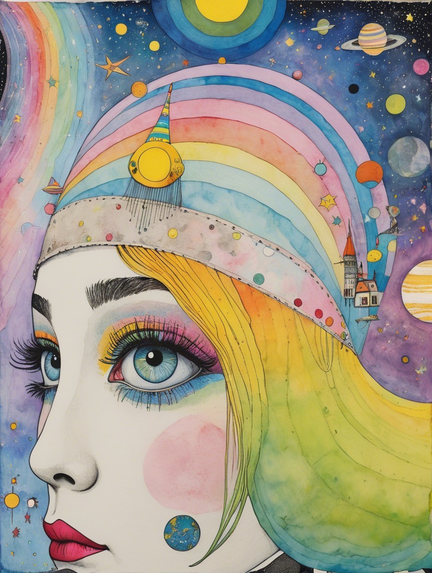 Colorful Portrait of a Woman in Cosmic Landscape