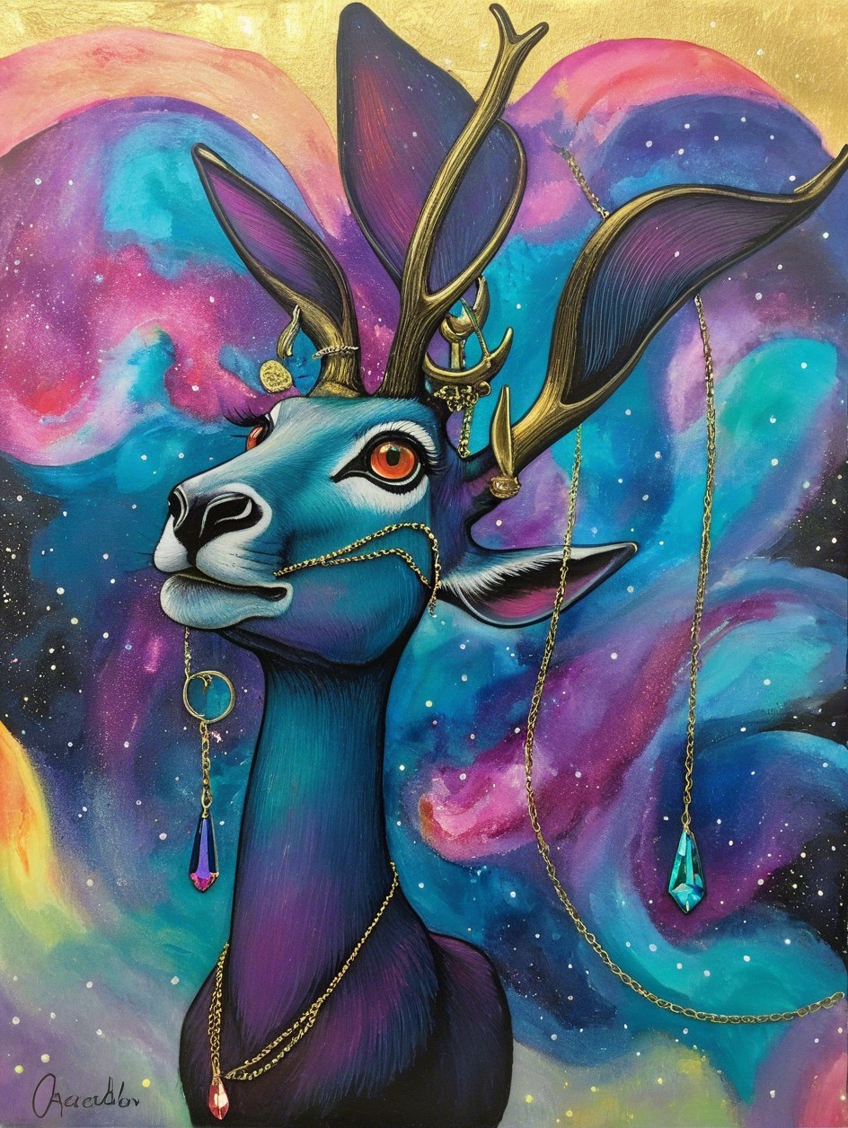 Vibrant Fantasy Creature with Gold Antlers and Chains