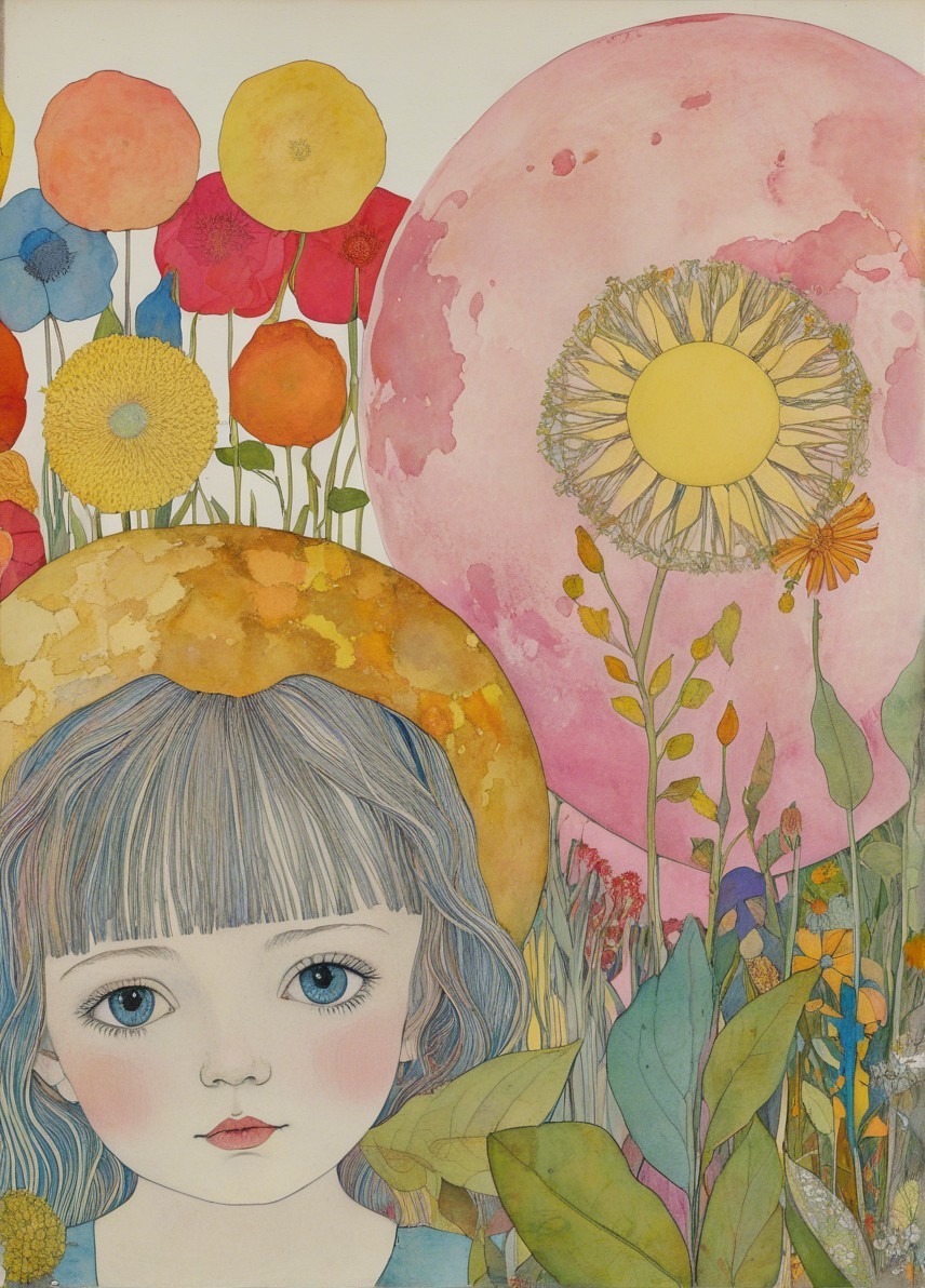 Whimsical Illustration of a Girl with Flowers and Orbs