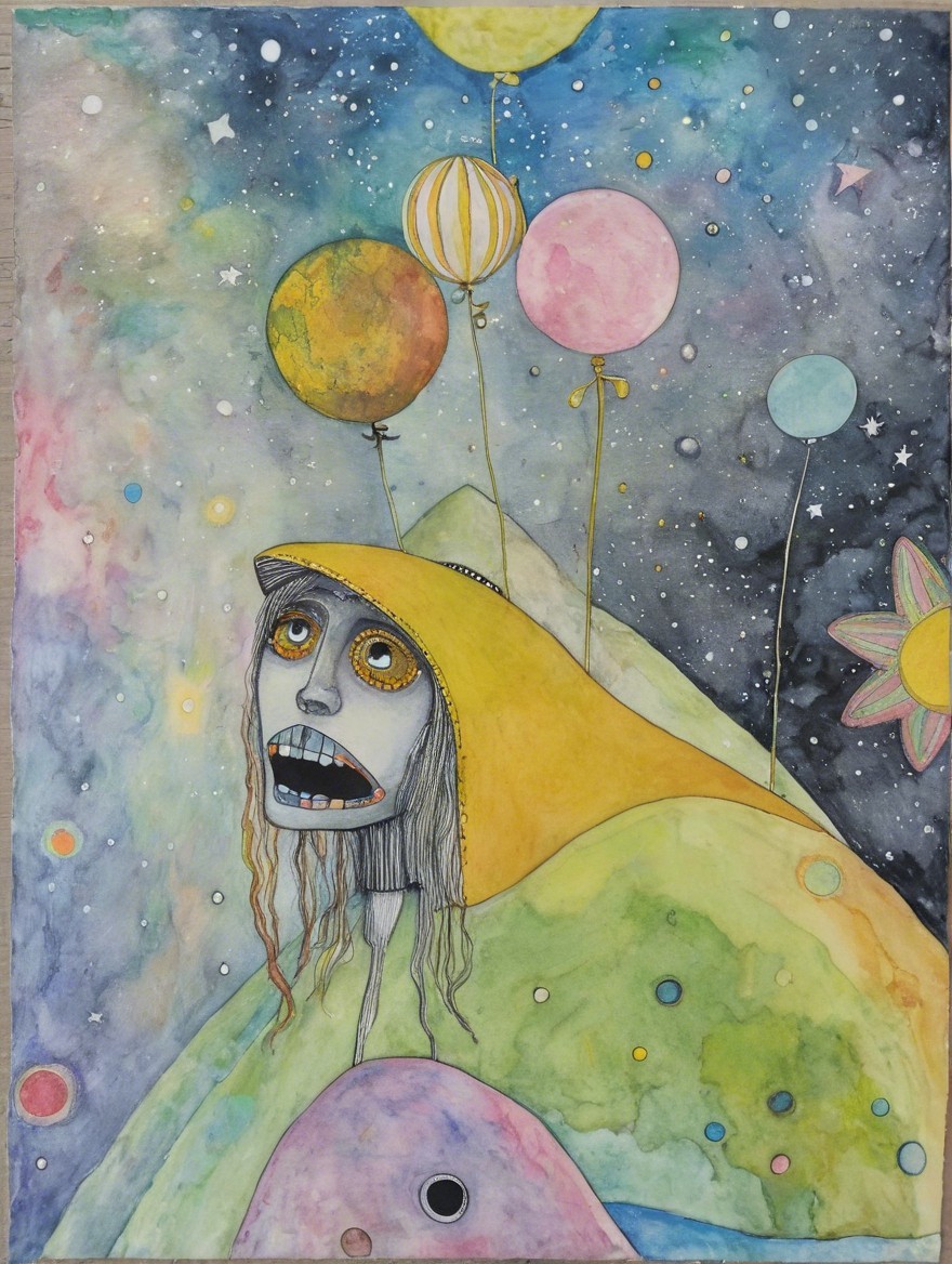 Surreal Landscape with Exaggerated Figure and Balloons