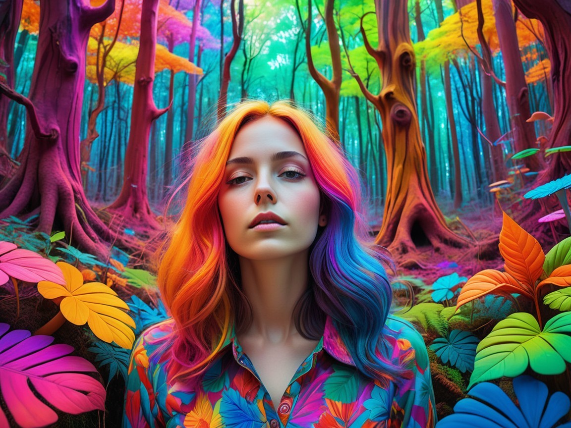 Surreal Forest Scene with Colorful Hair and Foliage