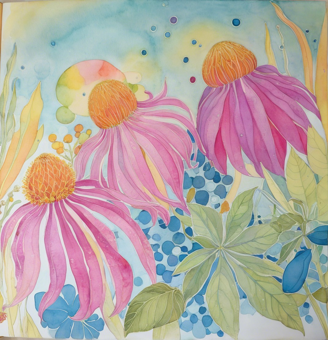 Vibrant Watercolor Painting of Coneflowers and Botanicals