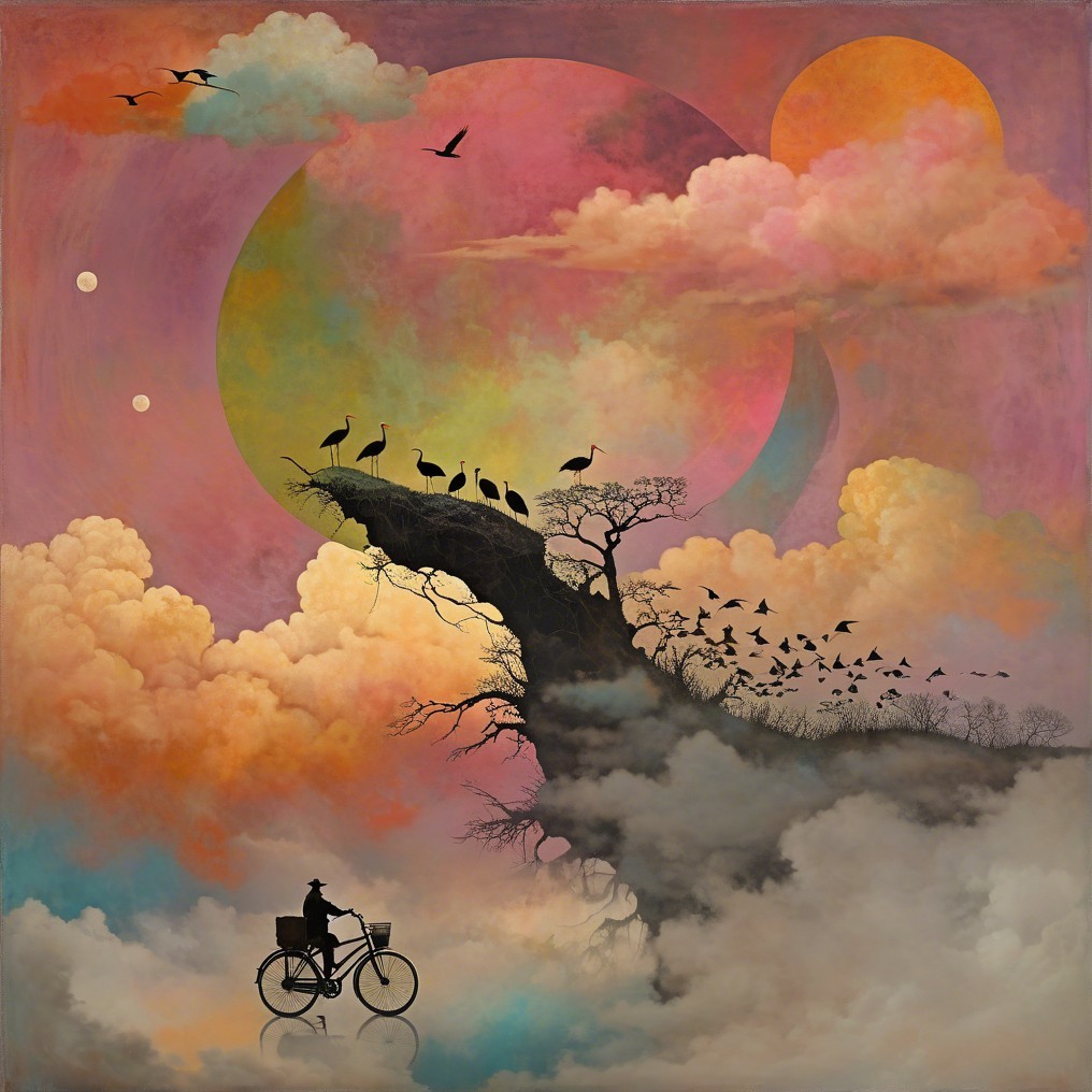 Surreal Landscape with Bicycle and Colorful Celestial Bodies