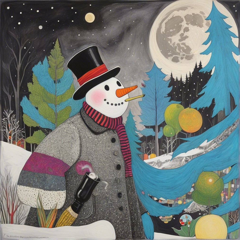 Whimsical Snowman in Vibrant Scarf Against Night Sky