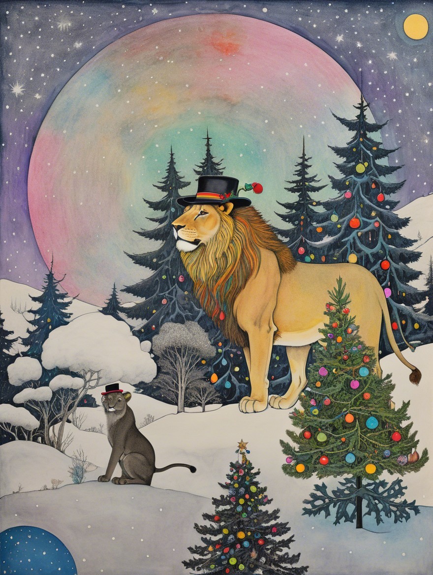 Regal Lion and Playful Panther in Winter Wonderland