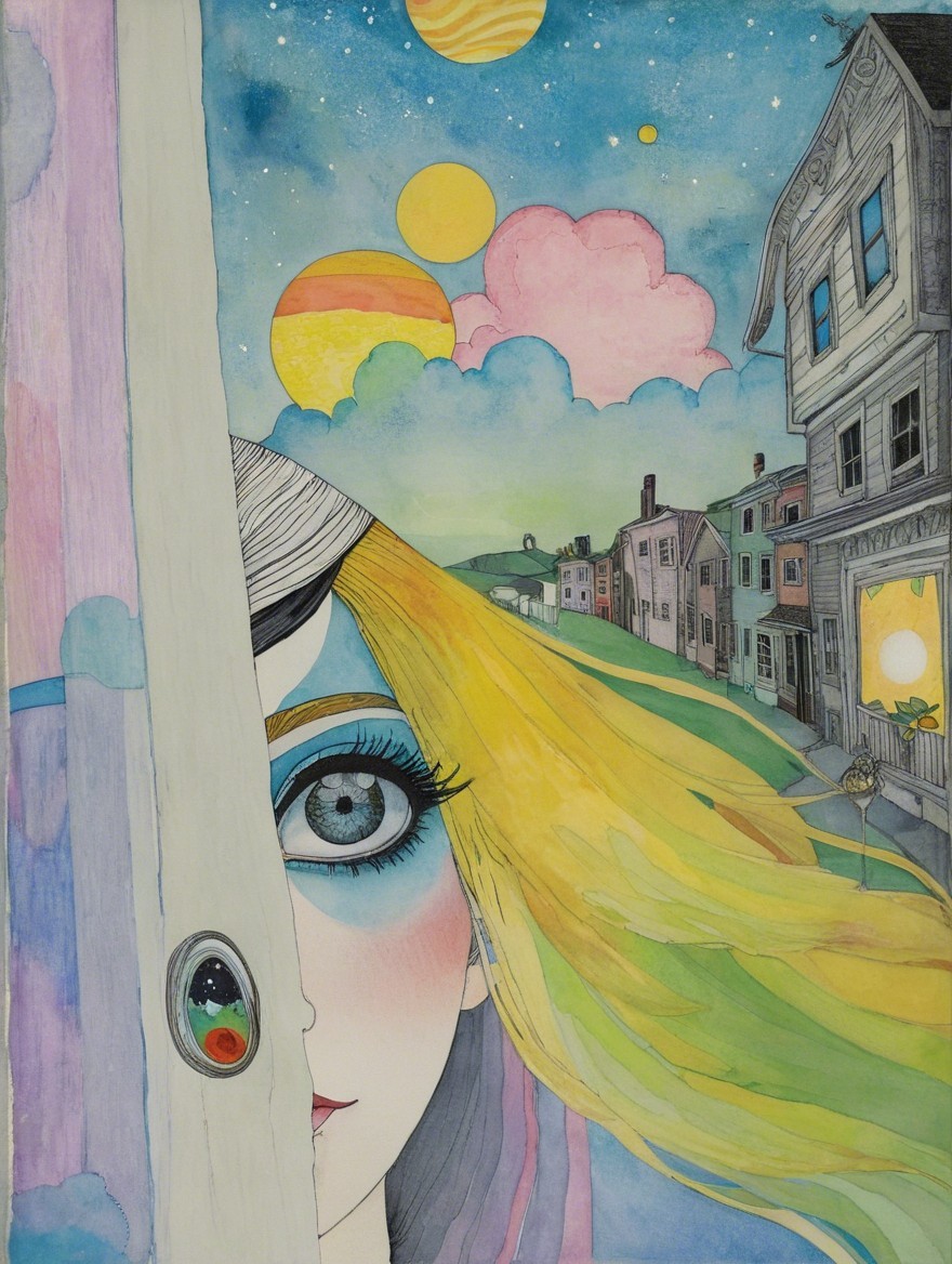 Whimsical Illustration of a Girl at a Doorway