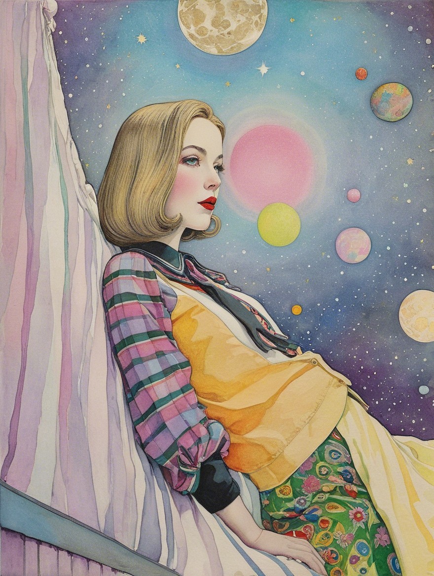 Contemplative Woman in Colorful Outfit Against Cosmic Wall