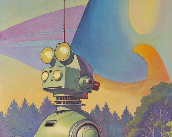 Green Robot in Colorful Landscape with Planet and Moon
