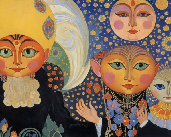 Whimsical Artwork with Colorful Figures and Celestial Motifs