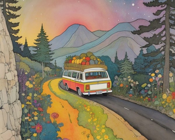 Illustrated Landscape with Vintage Van and Nature Elements