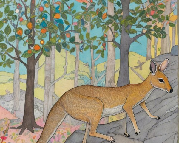 Vibrant Painting of Kangaroo in Colorful Forest Scene