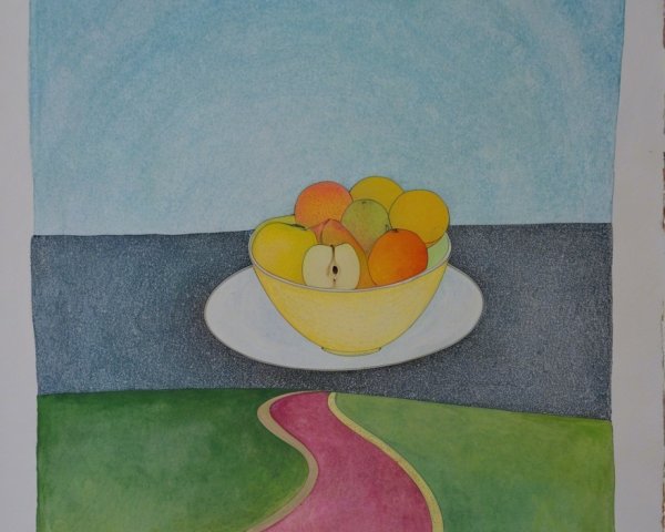 Still Life of Colorful Fruit with Scenic Background