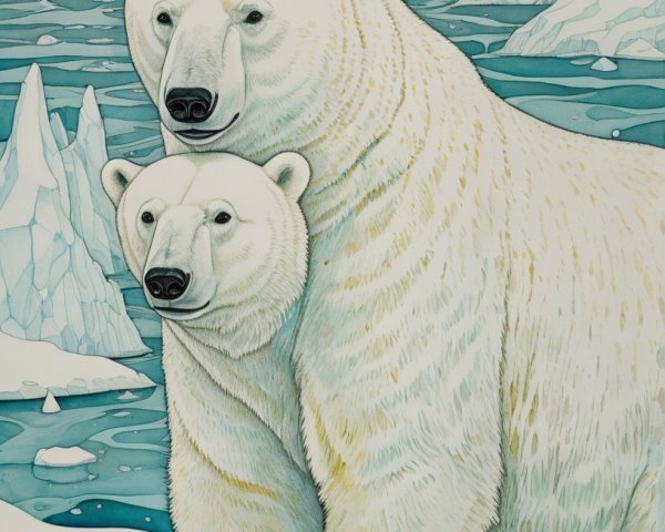 Watercolor of Polar Bears on Ice Floe in Landscape
