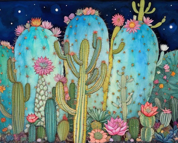 Colorful Cacti and Succulents Under Night Sky