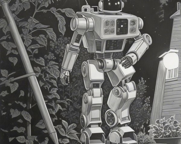 Retro Robot in Moonlit Garden with Tall Plants