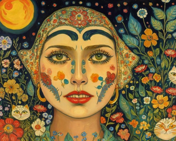 Portrait of a woman with floral patterns and cats