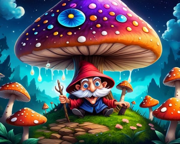 Cheerful gnome under colorful mushroom in a night scene