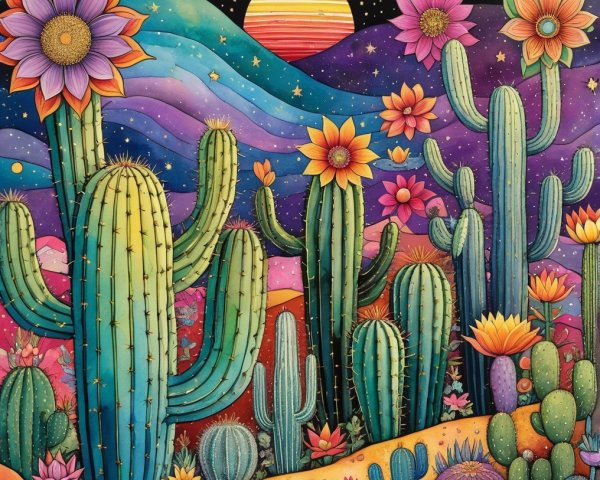 Vibrant Desert Scene with Cacti and Starry Sky