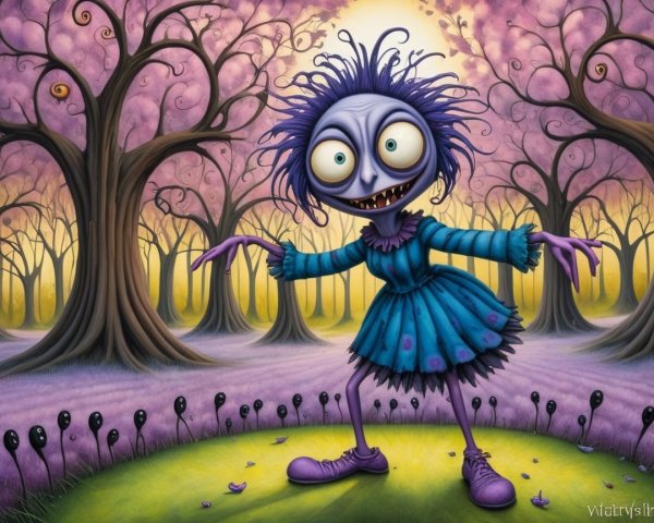 Whimsical Character in Surreal Purple Forest Scene