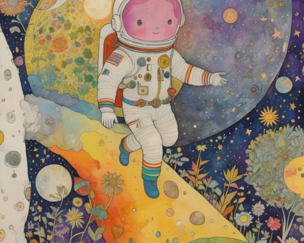 Whimsical Astronaut in a Cosmic Landscape Illustration