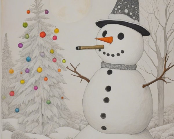 Cheerful Snowman in a Wintry Landscape with Christmas Tree