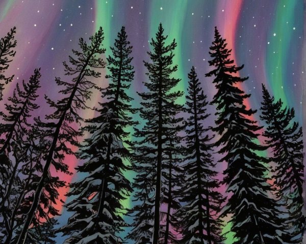 Forest Night Scene Under Colorful Aurora Borealis