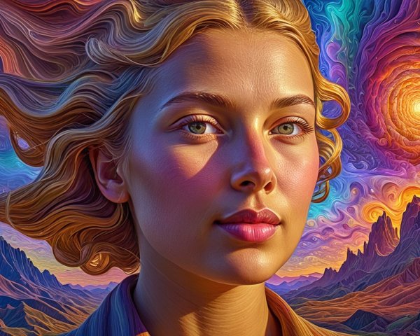 Young woman with blonde hair in surreal landscape