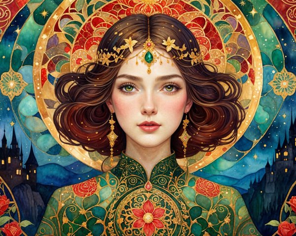 Young woman with crown and vibrant, mystical backdrop